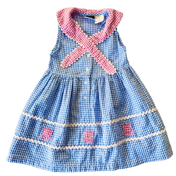 Other - Vintage Girls on the Go Gingham Sundress – Size 4 – Blue & Pink Tulip Embroidery